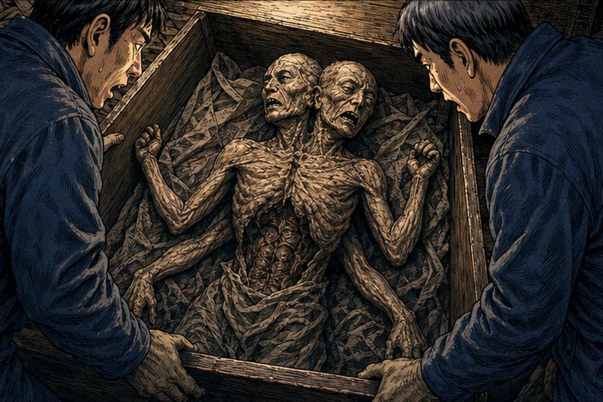 若い作業員二人が木箱を開け、二つの顔と四本の腕を持つ干からびたミイラを目撃する