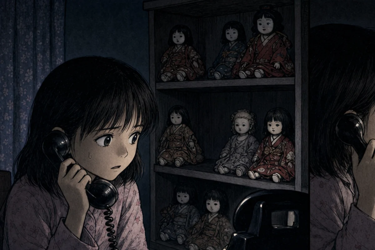 夜の子ども部屋で女子児童が人形棚を背に古い電話へかける場面