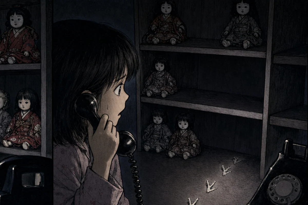 電話の声が変わった後、少女が人形棚の空席と電話へ続く三つの小さな足跡を見る場面
