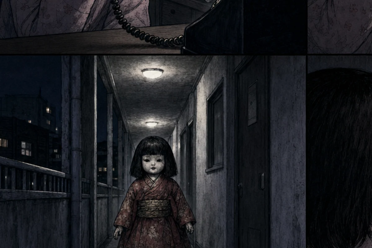 三本の脚を持つ人形が夜の集合住宅の廊下を一人で歩いて少女へ近づく場面