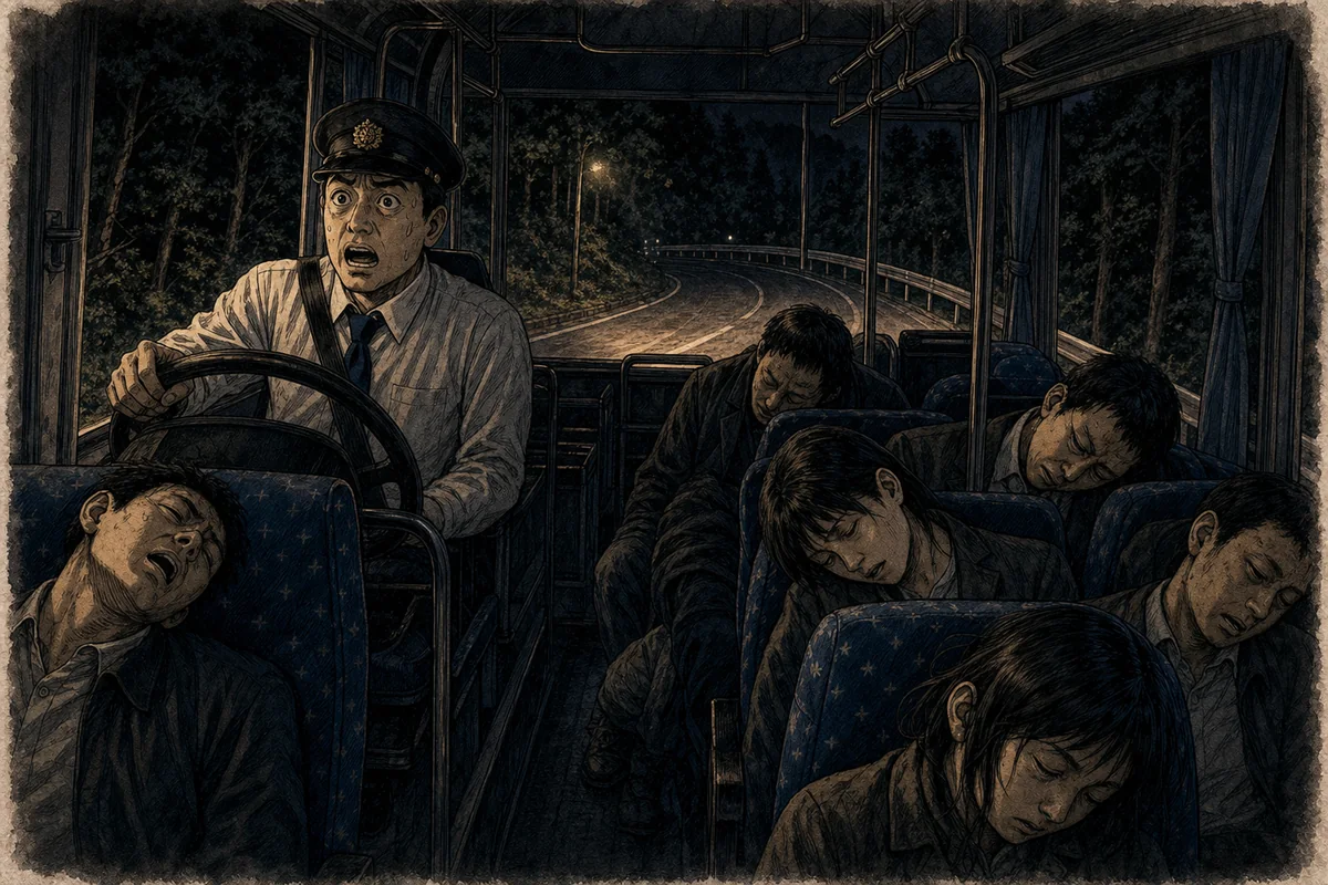 小列車の前方で座席の灯が一つずつ消え、男性の順番が迫る場面