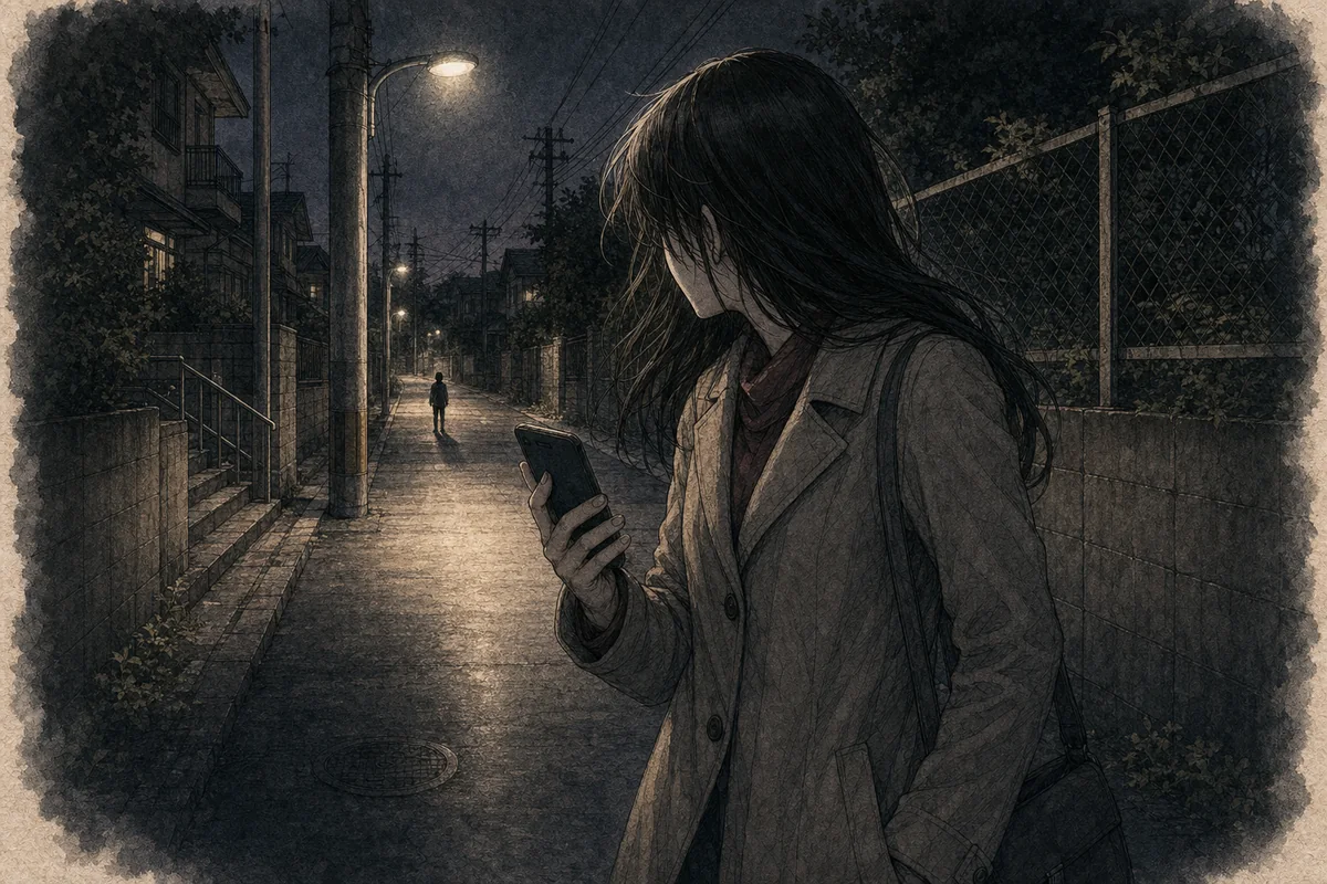夜の明るい歩道で若い女性が無表示の着信に気づき、遠い少年影を見る場面