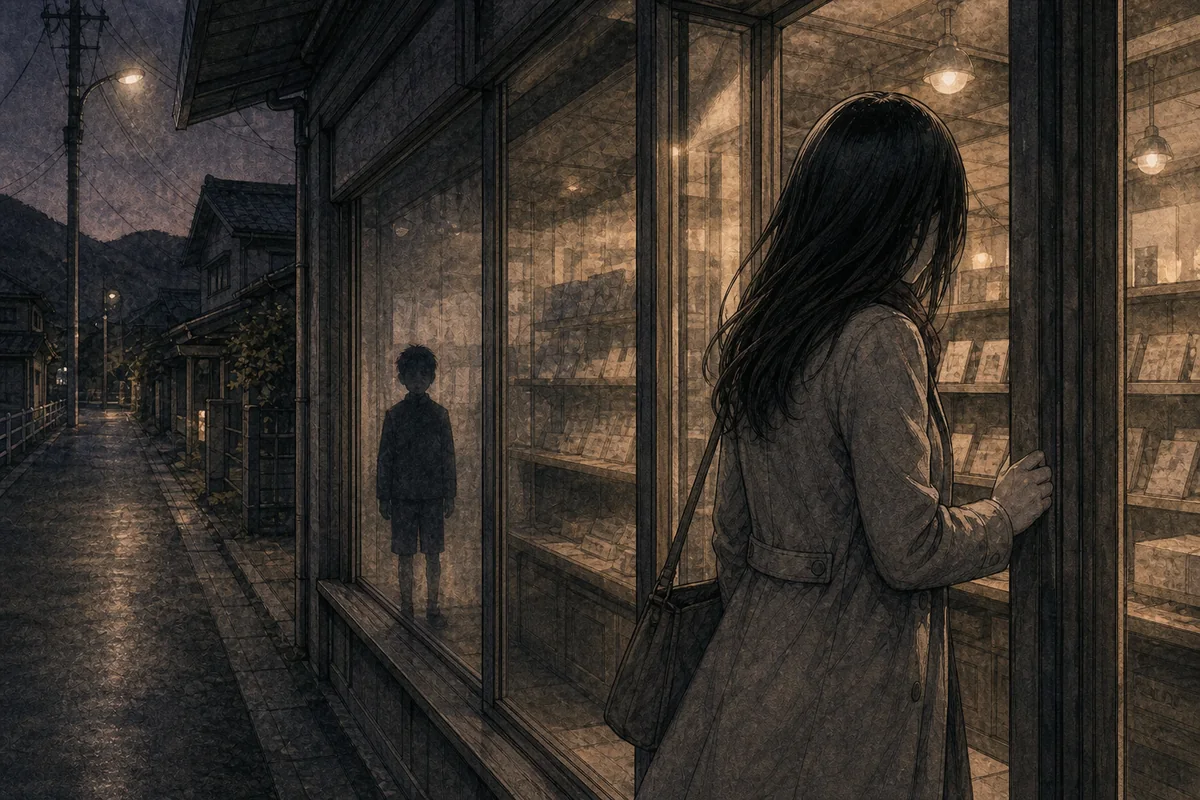 女性が振り返らず店舗の窓越しに近づいた少年影を確認し、明るい店内へ向かう場面