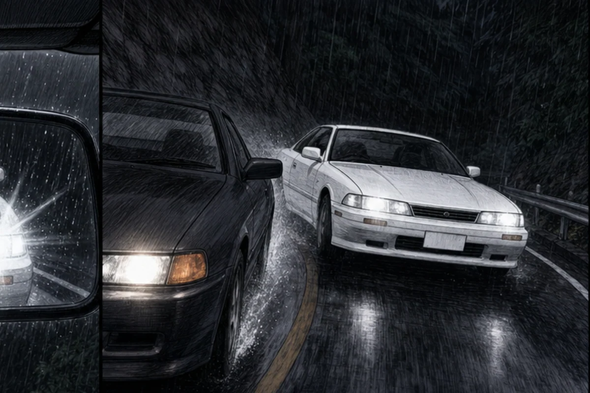 雨の峠の急カーブで運転者の車と白いクーペが高速で競り合う場面