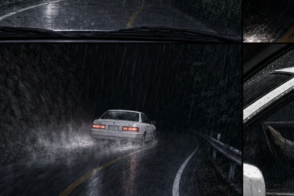 白いクーペが雨のカーブで前へ出た直後、次の道路から完全に消える場面