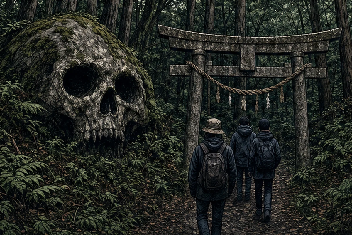 山道を進む若者たちが、朽ちた鳥居と根元の髑髏に似た岩を見つけて杉沢村の入口だと気づく