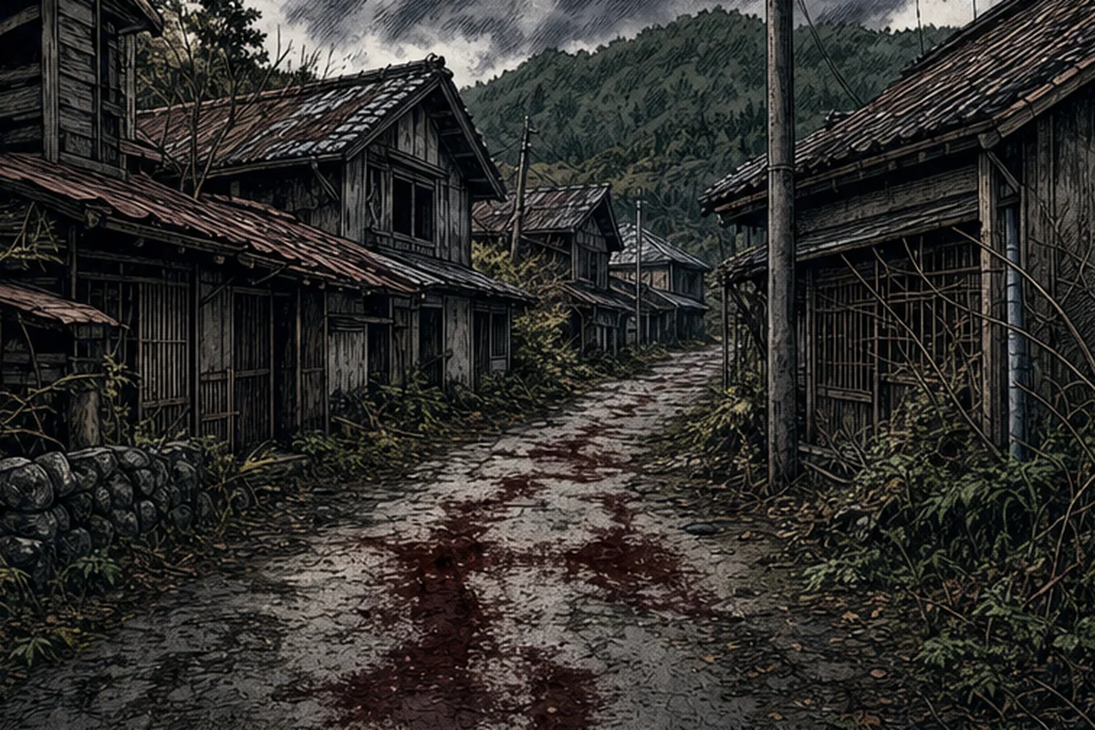 鳥居を越えた若者たちの前に無人の廃村が広がり、古い家の壁や床へ黒ずんだ血痕が残る