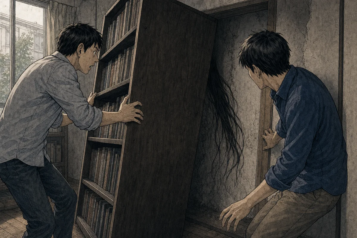 昼の室内で住人と友人が棚を壁から動かすが、隙間にいた女の姿だけが消えている場面