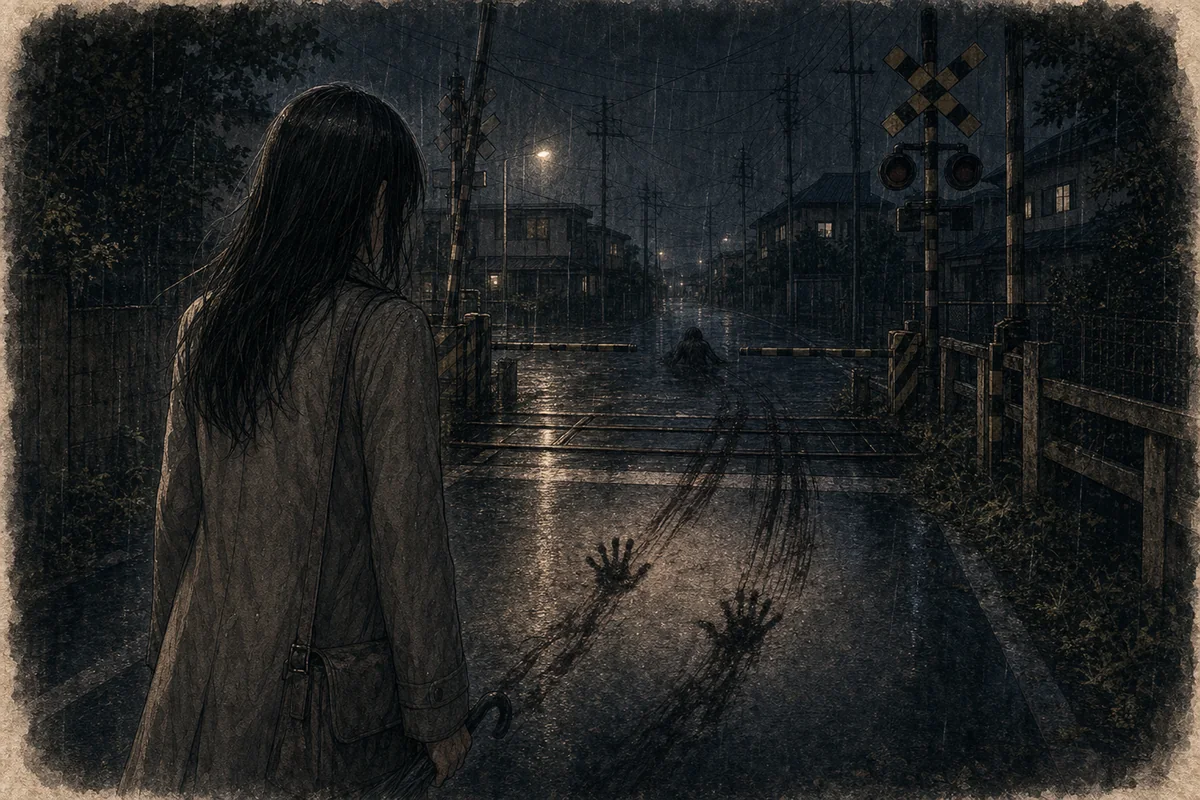 雨の踏切で通行人が二つの手形と引きずった跡の先に低い人影を見る場面