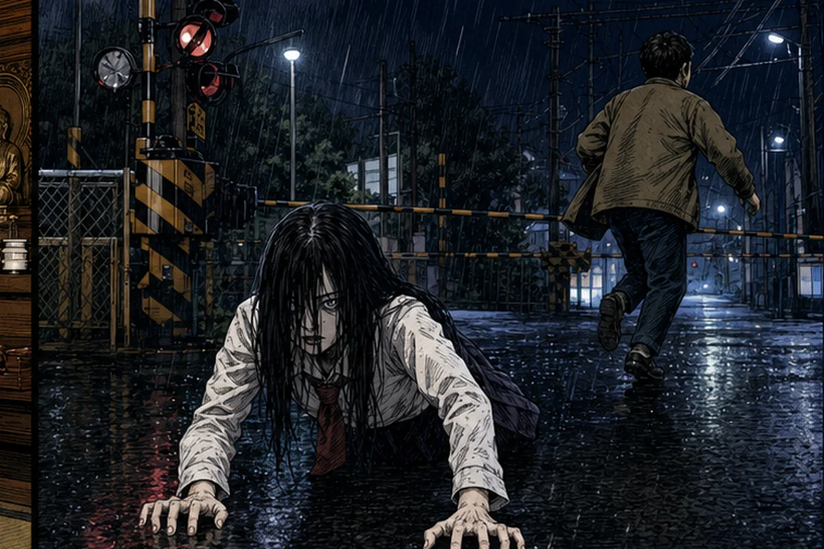 踏切脇で上半身だけの少女の霊が両手で地面を叩き、硬い音を立てながら通行人へ高速で迫る