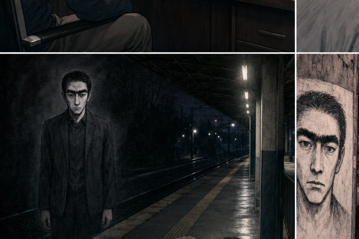 夜の夢の中でThis Manが無人の駅ホームに立ち、眠る人物を見つめる場面