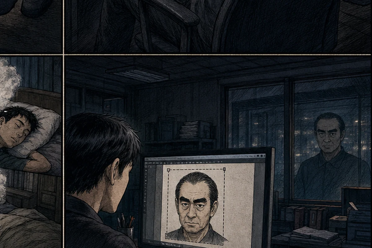 暗い広告事務所で制作者が似顔絵を画面へ配置し、背後の窓に同じ男が映る場面