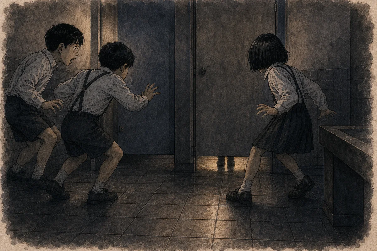 個室の下に小さな足影が現れ、三人の児童がそろって後退する場面