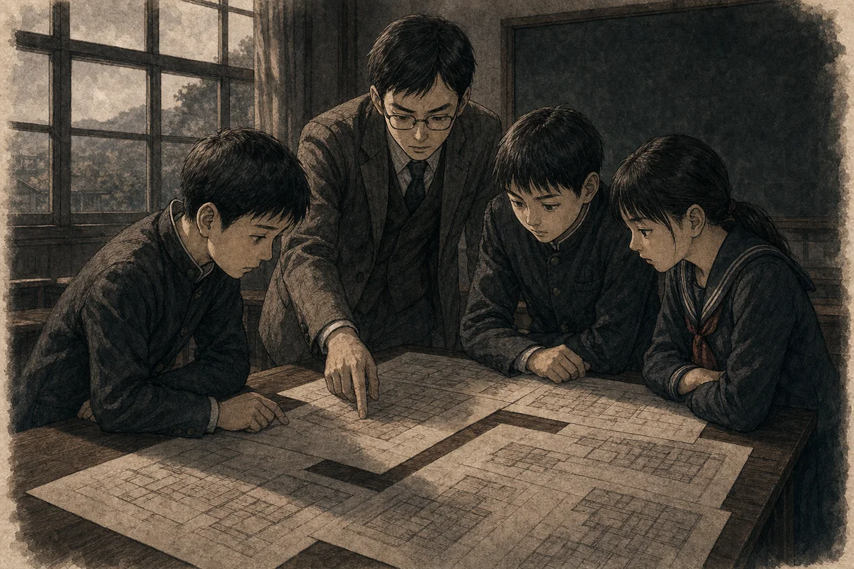 翌日の教室で三人の児童が教師と複数校の無記名な見取り図を比べる場面