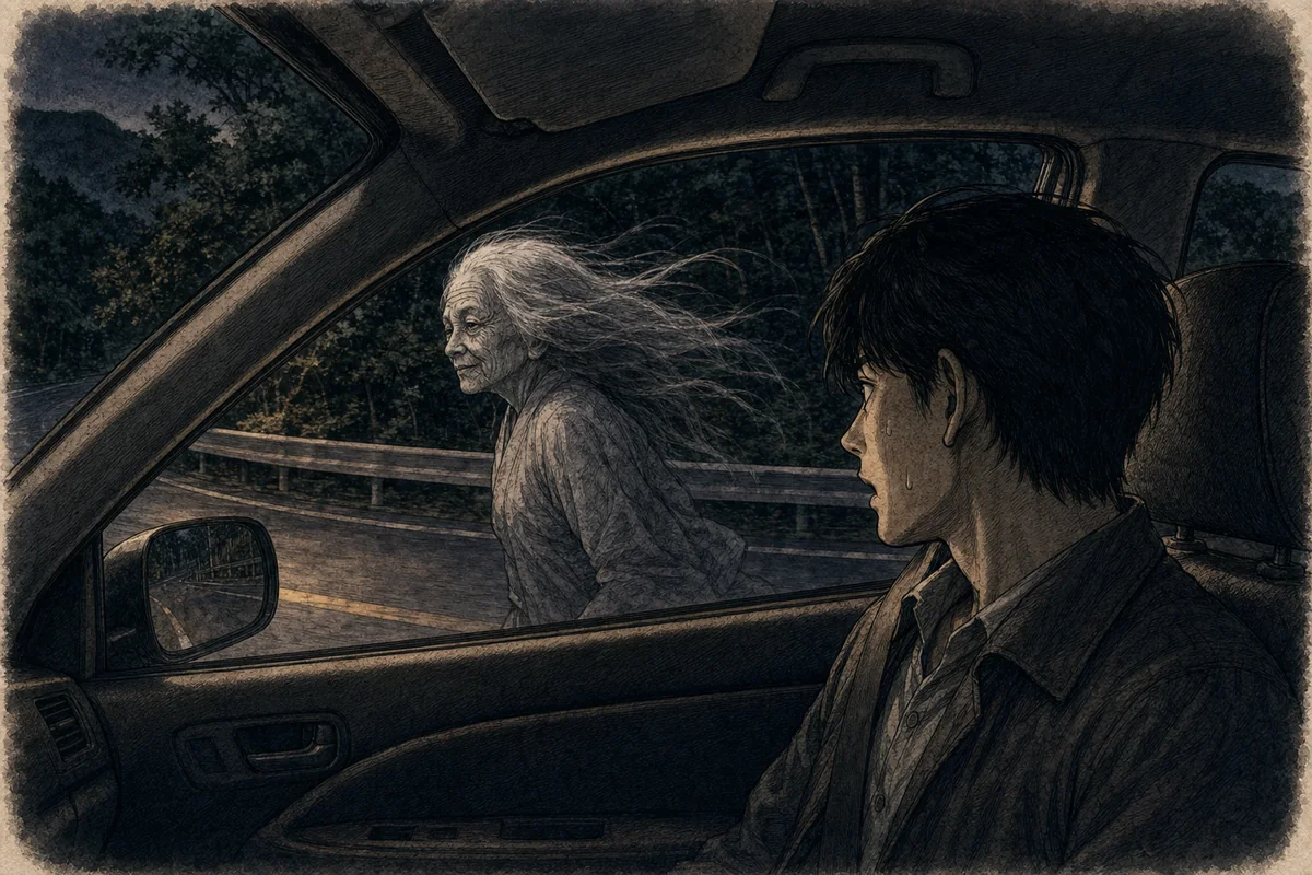 車線を保つ車の助手席窓の外を白髪の老婆が一時並走する場面