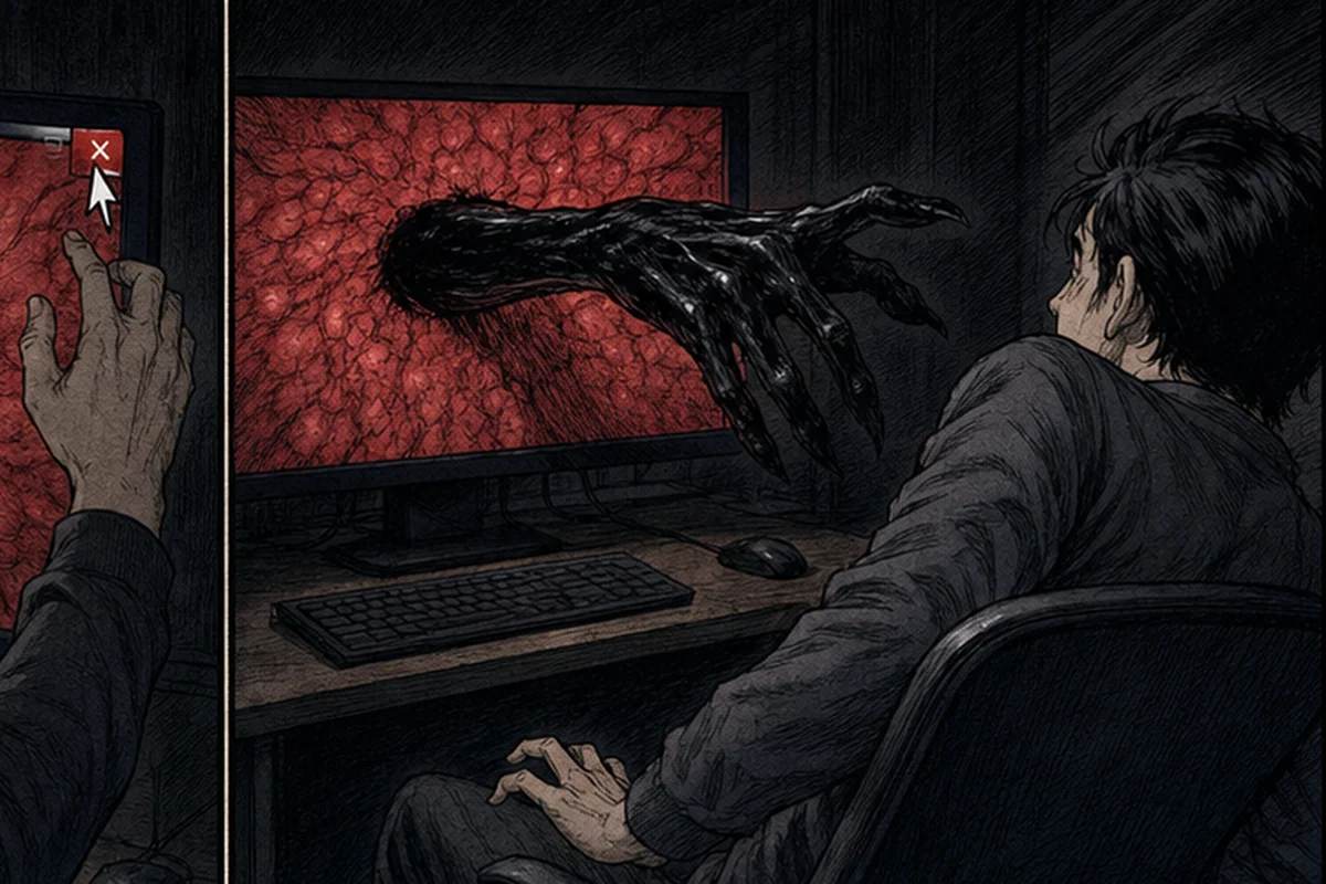 暗い部屋でモニターの赤い画面から黒い手が手前へ伸び、操作主が椅子を引く場面