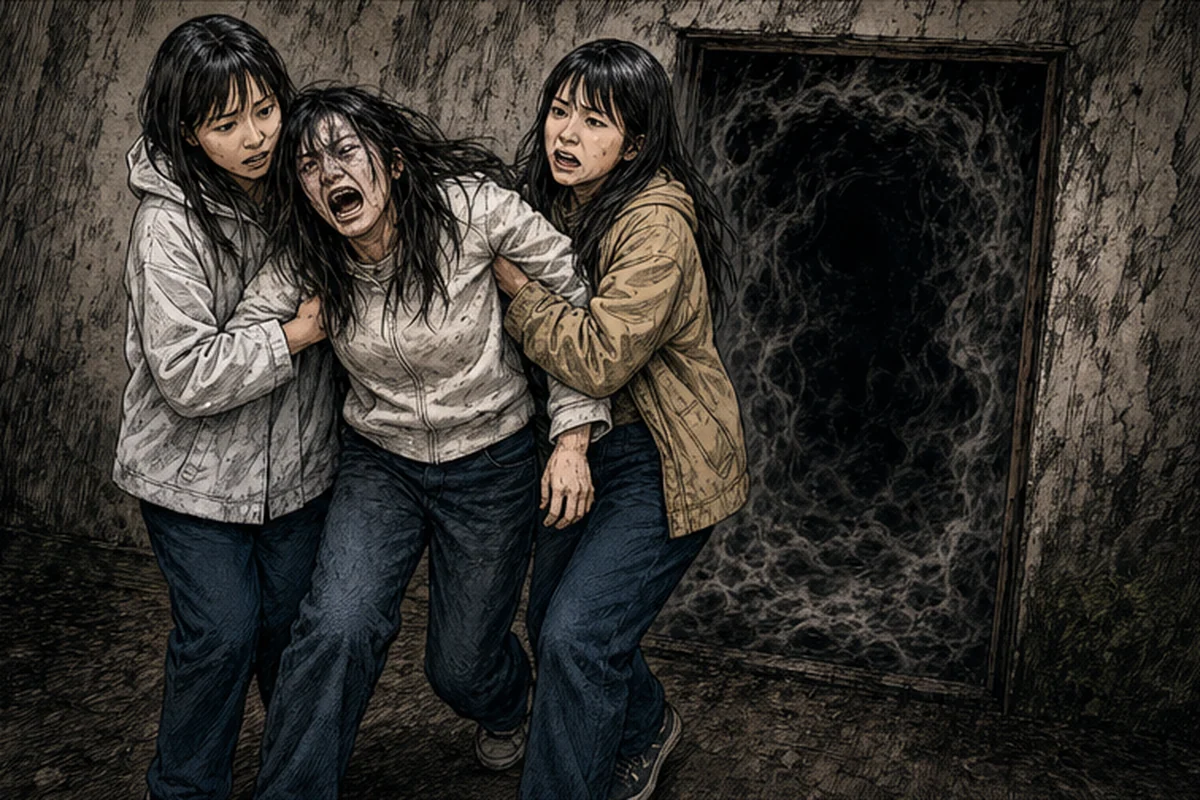 山頂へ迷い込んだ映画撮影の学生たちが、牛のいない牛舎と不自然な建物群から成る山の牧場を見る