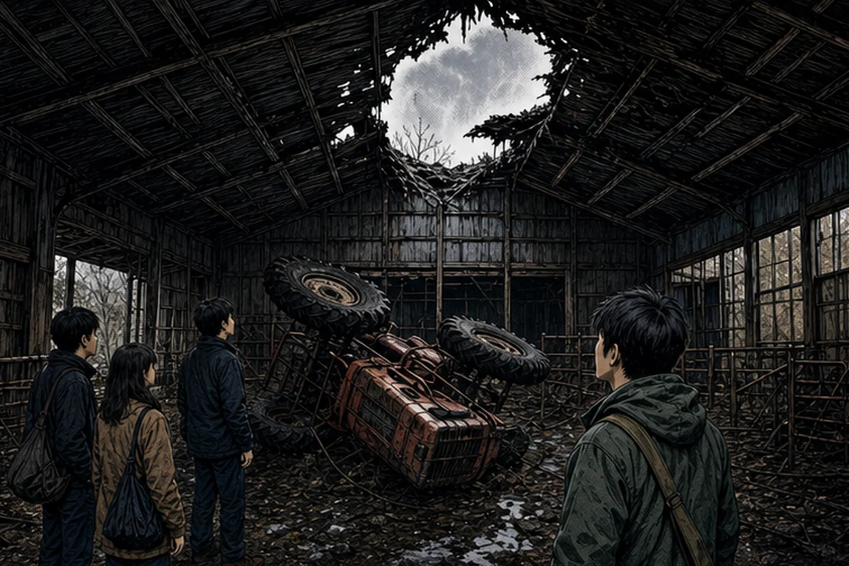 階段のない建物の二階へ斜面から入ると、和室の壁一面に札が貼られ、多数の人形が転がっている