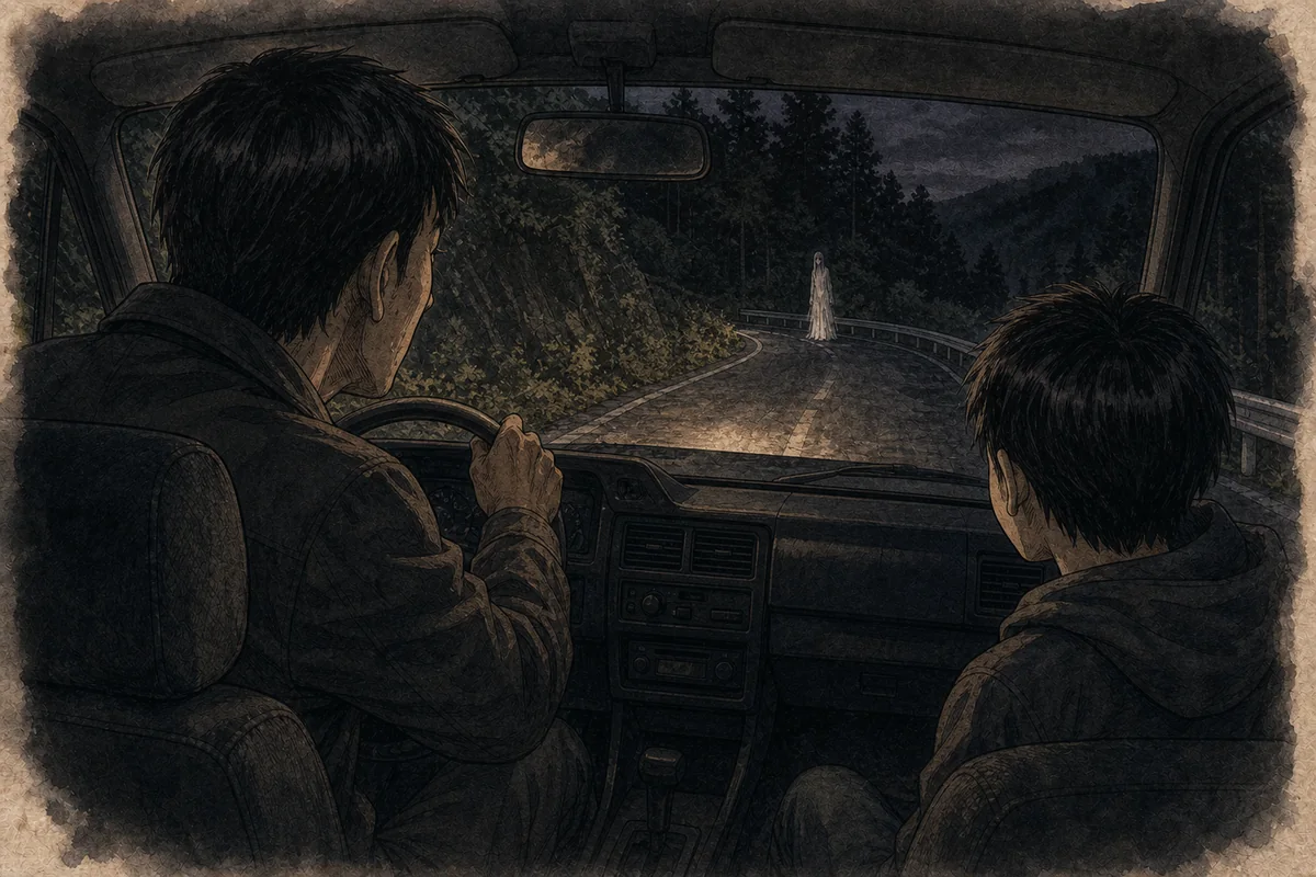 山道を運転する父親と同乗する少年が遠い白い異形に気づく場面
