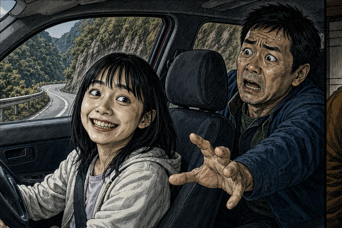 車内の娘が突然別人のような笑顔になり、父親の制止を聞かず同じ不気味な言葉を繰り返す