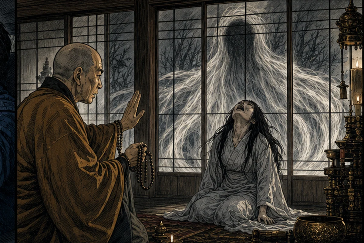 寺の本堂で僧侶が取り憑かれた娘を押さえて祈り、障子の外には白いヤマノケの影が揺れる