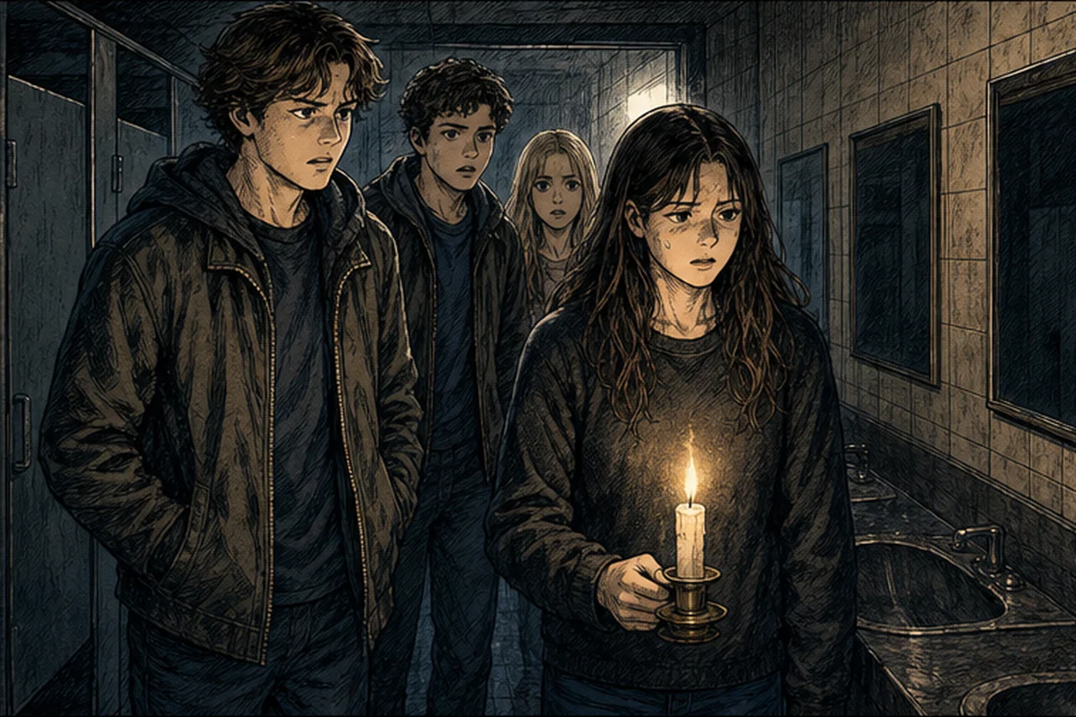 曇った浴室鏡の奥に淡い女性の影と赤い蝋燭を描いたブラッディ・メアリー