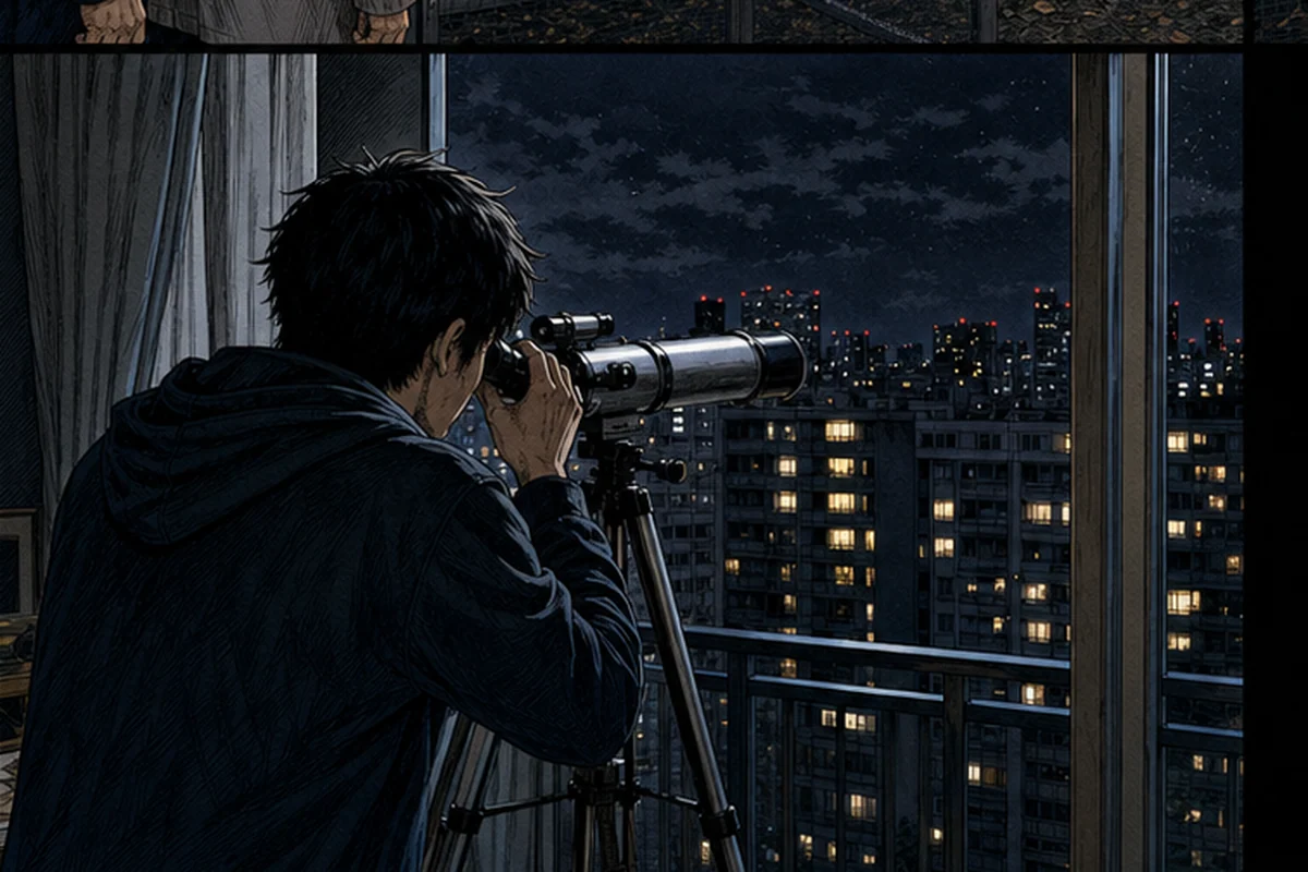 夜のベランダの望遠鏡と遠い給水塔に立つ女性の影を描いた望遠鏡を覗く女
