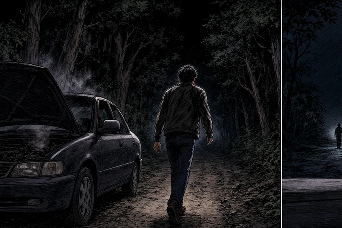 深夜の森で故障した車を前に、若い男性が助けを求めて暗い道へ歩き出す場面