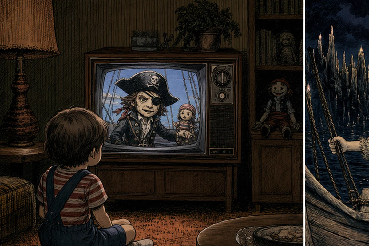 1970年代風の居間で、幼い子どもが小さなテレビの海賊人形劇を一人で見る場面