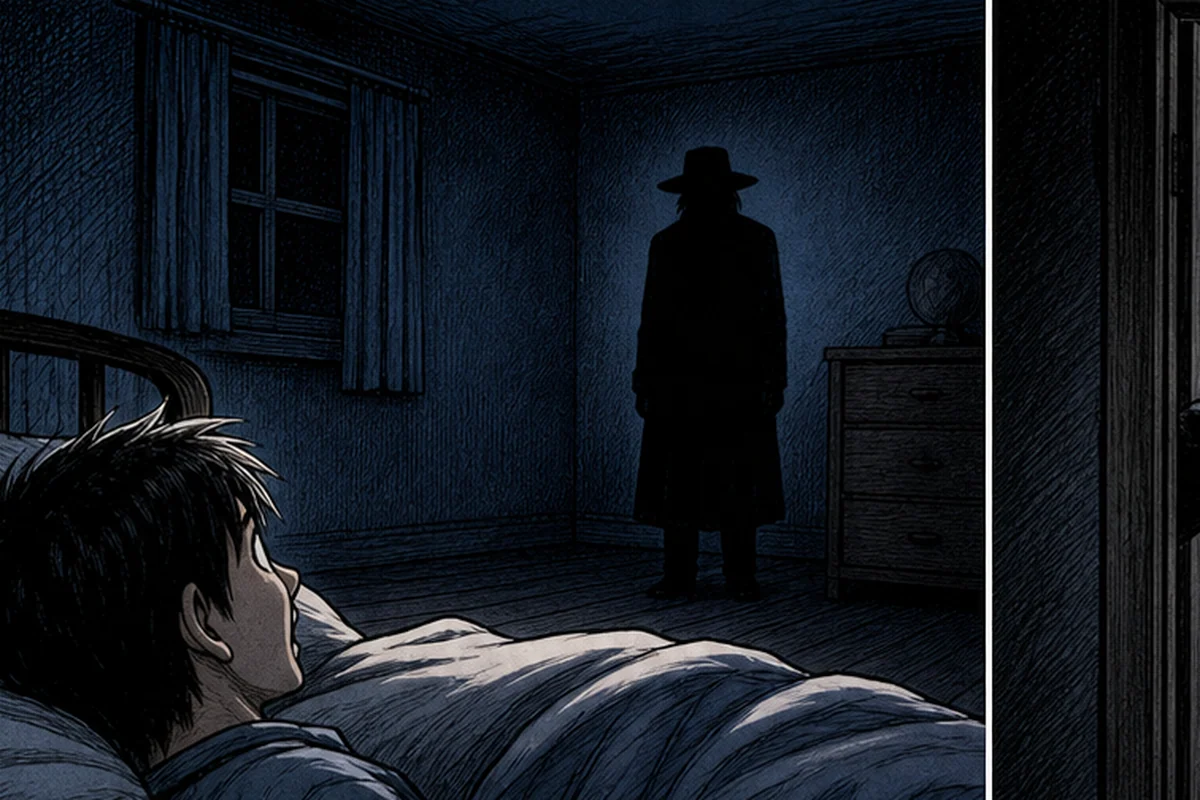 深夜の寝室で、目を開けた人物が部屋の隅に立つつば広帽子の黒い男を見る場面