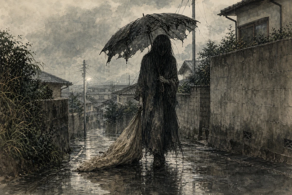 雨の住宅街で壊れた傘を差す顔の見えない女が長い布を引いて歩く
