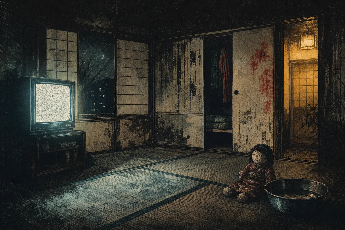 深夜の畳部屋で布人形と洗面器と砂嵐のテレビを描いたひとりかくれんぼ