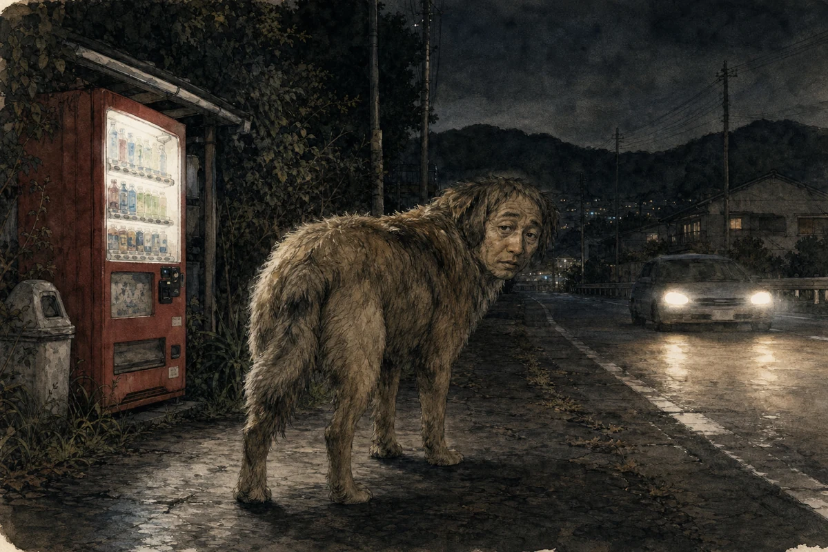 夜の道路脇で人に似た顔を持つ犬が振り返る