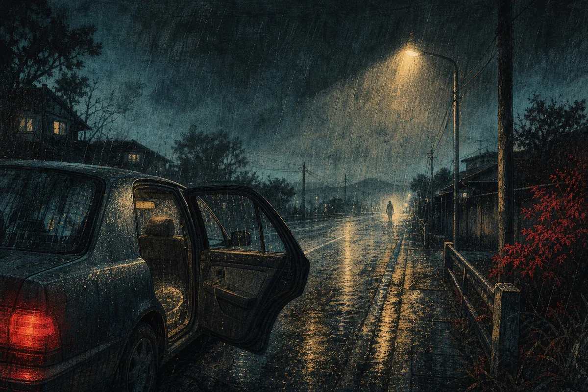 雨の夜道で開いた車の後席と遠い人影を描いた消えるヒッチハイカー
