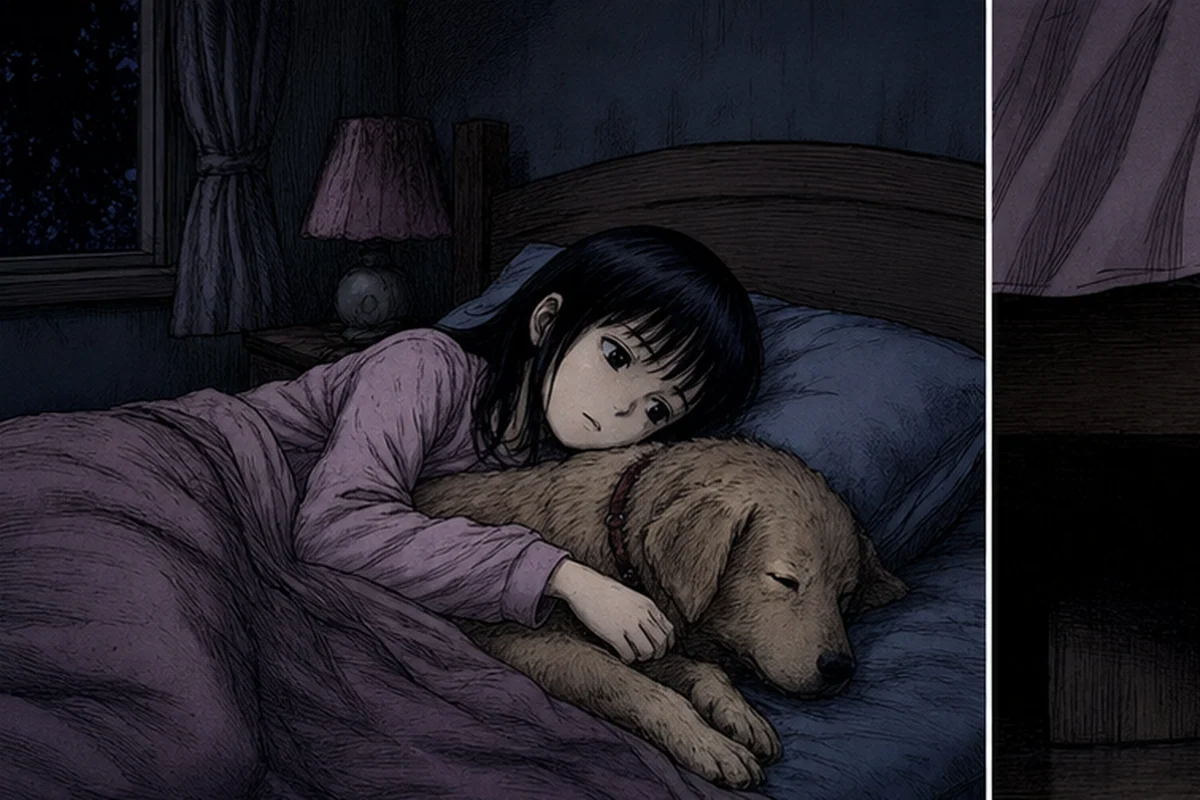 両親の留守の夜、少女が飼い犬を寝室へ入れてベッドに横になる場面