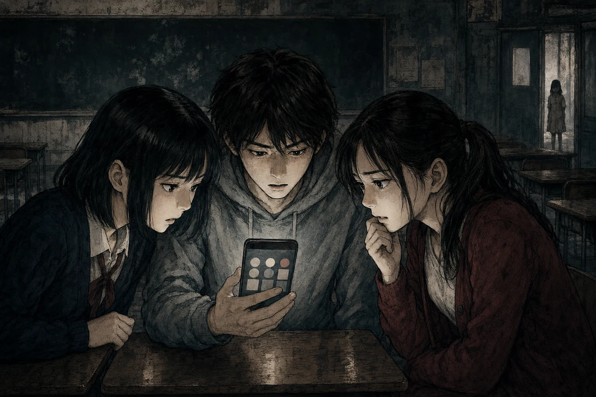 夜の教室で複数の学生がスマートフォンのグループ名簿と奥に立つ小さな影を見比べるLINEわらし