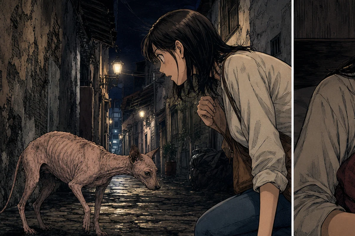 メキシコの薄暗い路地で、旅行中の女性が無毛で痩せた動物を見つける場面