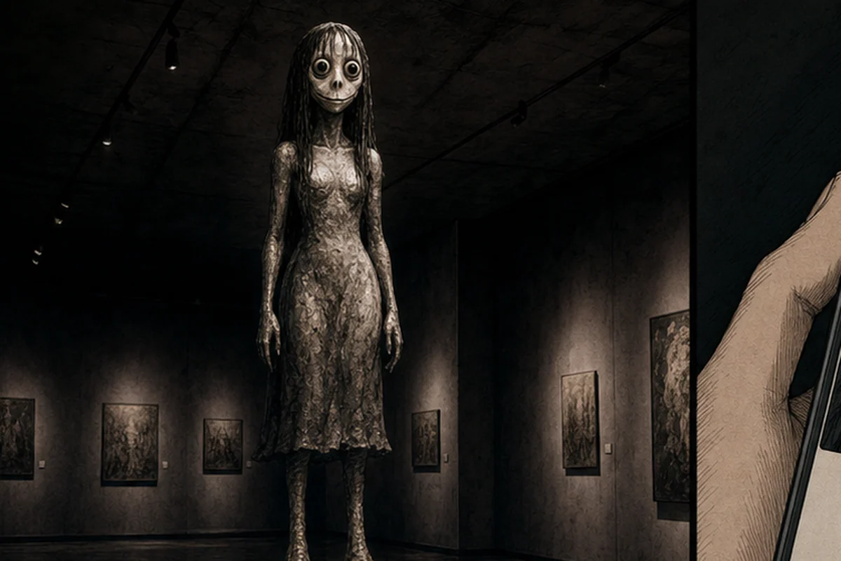 2016年の暗いギャラリーで、大きな目と鳥の脚を持つ女性彫刻が展示される場面