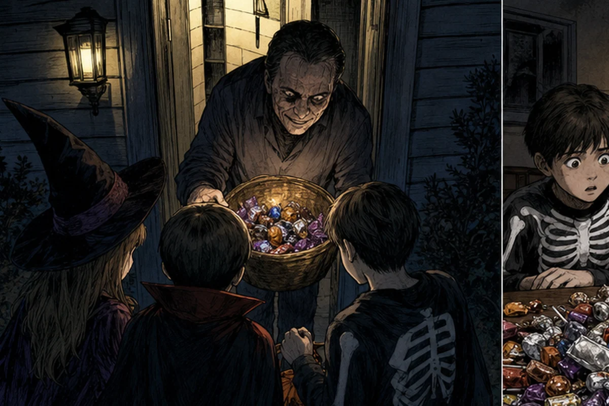 ハロウィーンの夜、仮装した子どもたちが暗い住宅の玄関で菓子を受け取る場面
