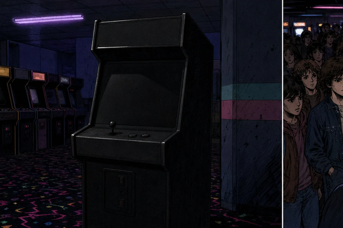 1981年のポートランドのゲームセンターに、無地の黒いポリビアス筐体だけが置かれる場面