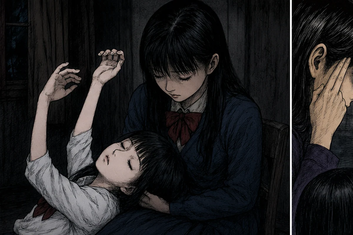 薄暗い部屋で、少女が友人の膝へ頭を置き両腕を上げて目を閉じる場面