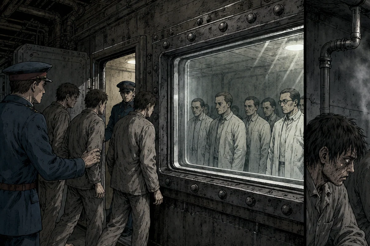 1940年代風の地下研究所で、五人の囚人が厚い観察窓のある密閉室へ入れられる場面