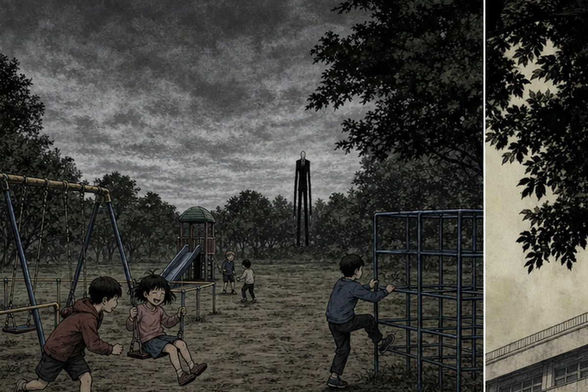 曇天の公園で遊ぶ子どもたちの遠い背後に、黒い背広の異様に長身な男が立つ場面