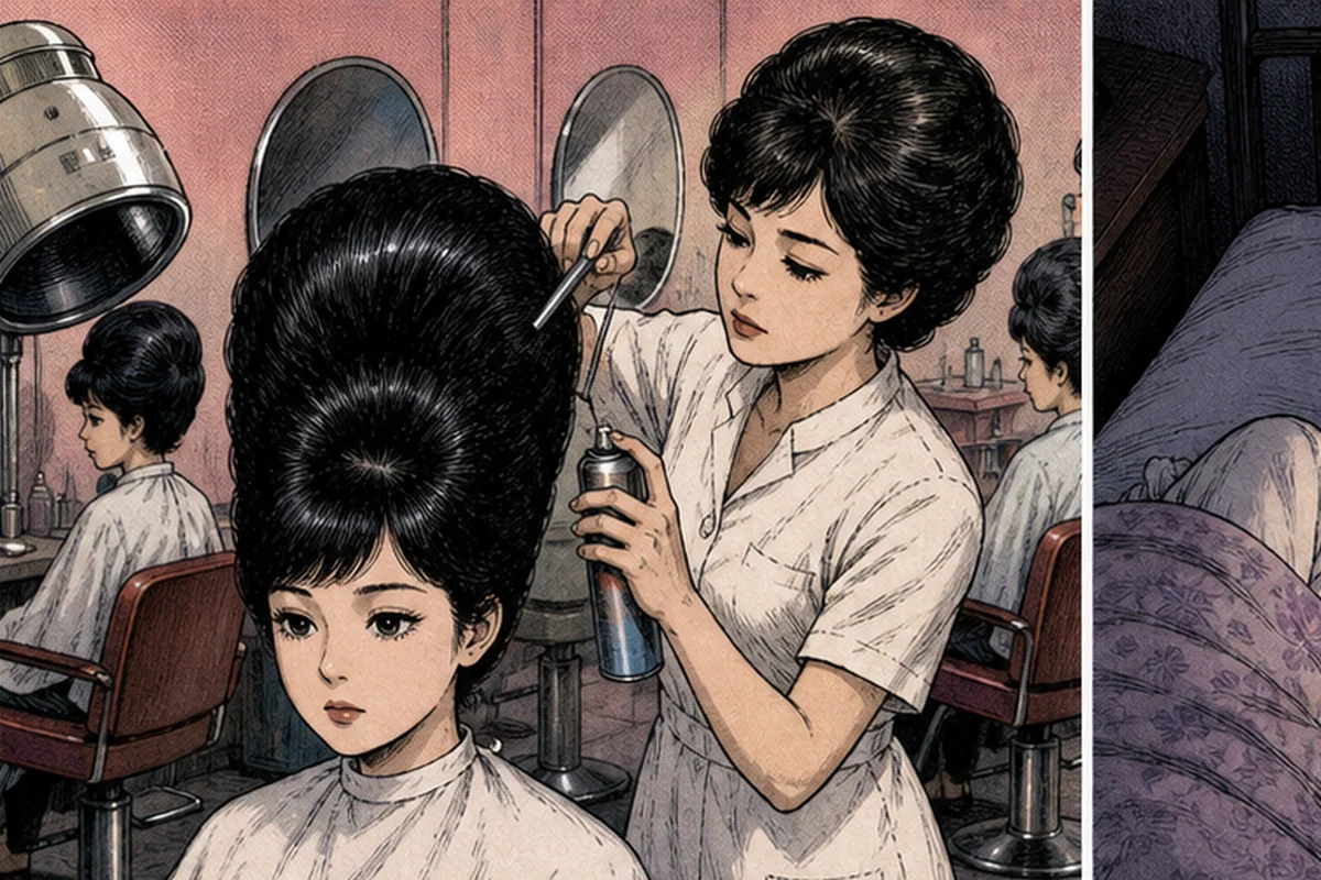 1960年代の美容院で、若い女性の髪を高いビーハイブ型に固める場面