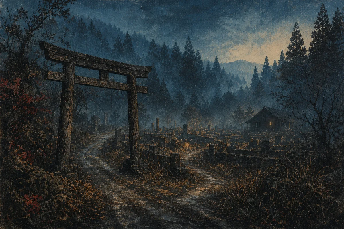 霧の杉林に埋もれた空の集落跡と鳥居を描いた杉沢村