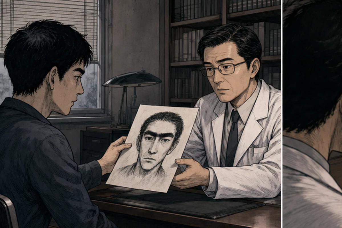 精神科の診察室で、患者が夢に出る太い眉の男の似顔絵を医師へ渡す場面
