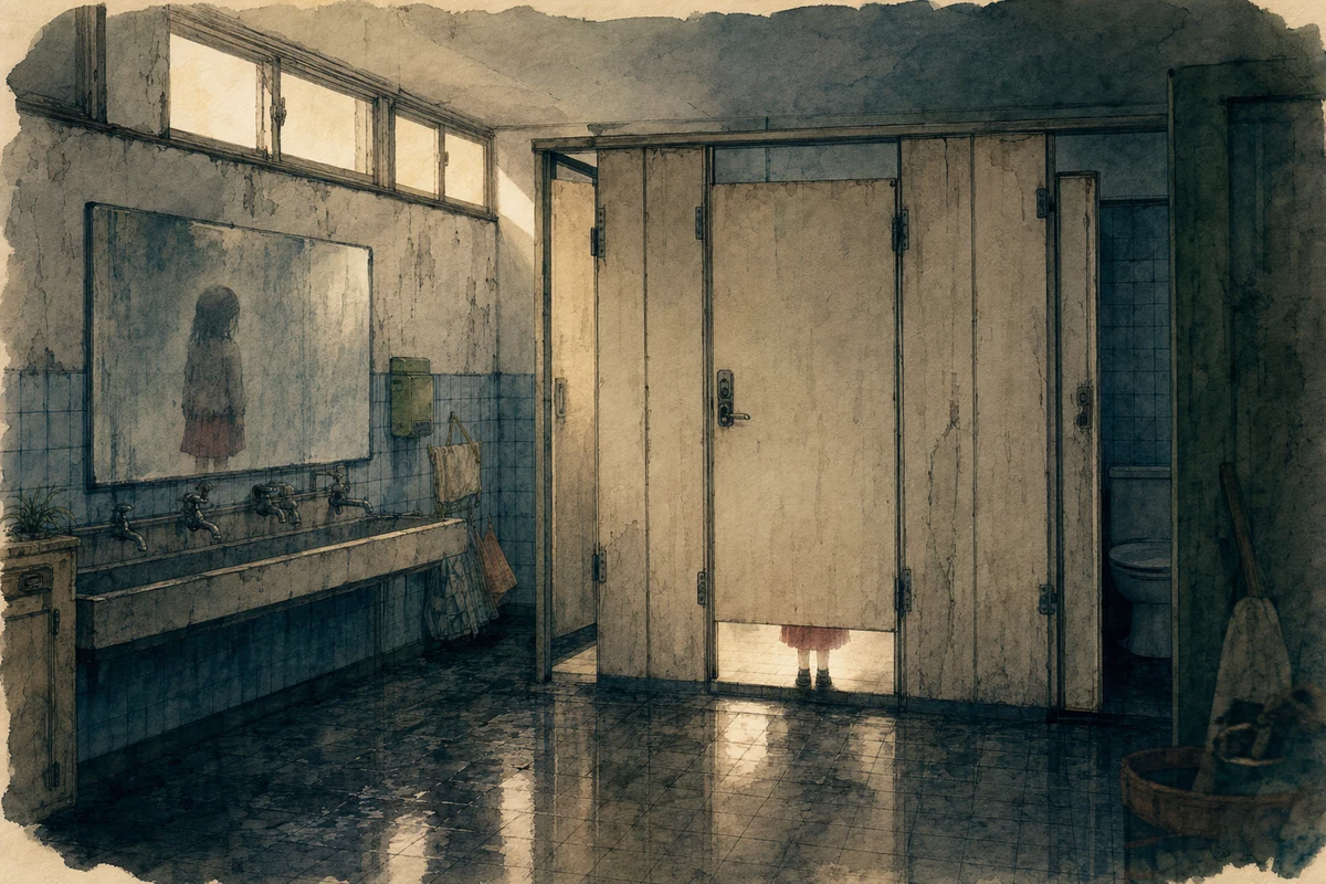 古い小学校のトイレで閉じた個室の下と曇った鏡に少女の影が見える