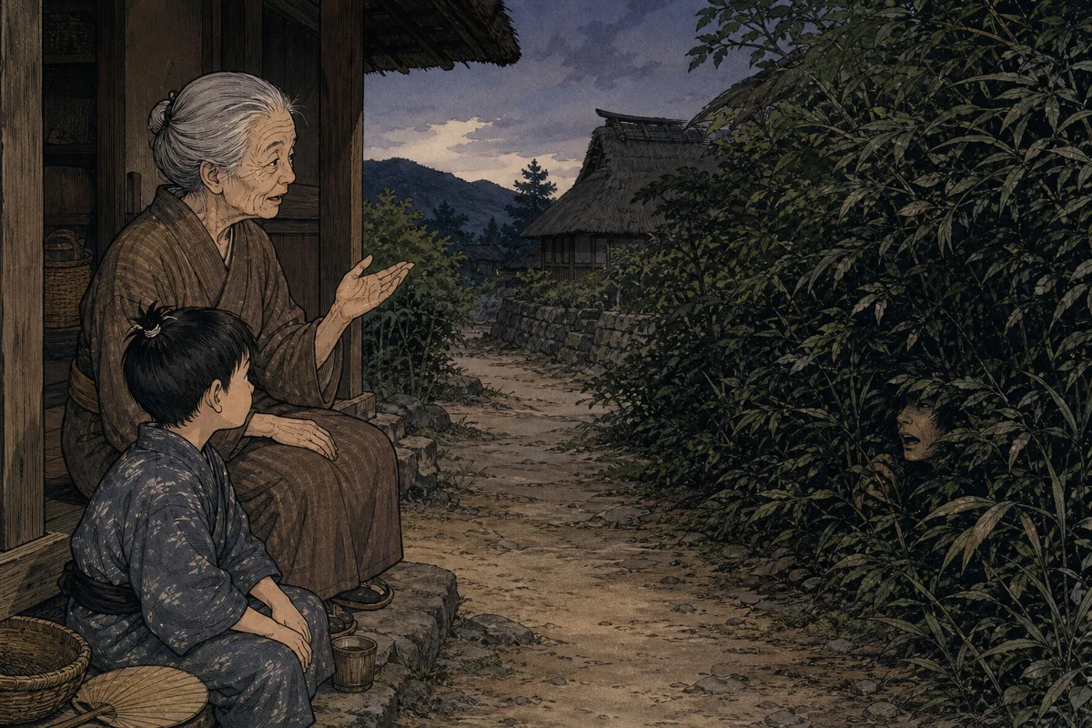 祖母が昔話をした直後、道端の藪の奥から低い返事が届く場面