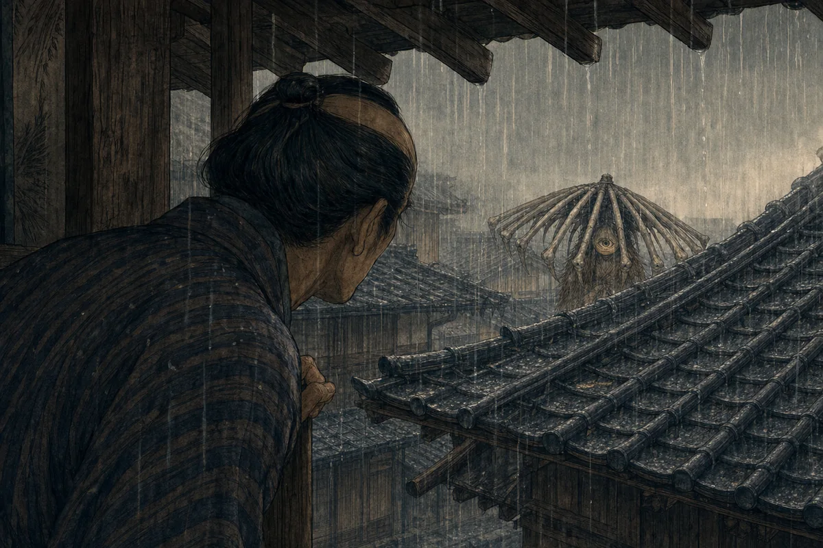 軒下の町人が、雨越しに小僧の傘と一つ目を見つける場面