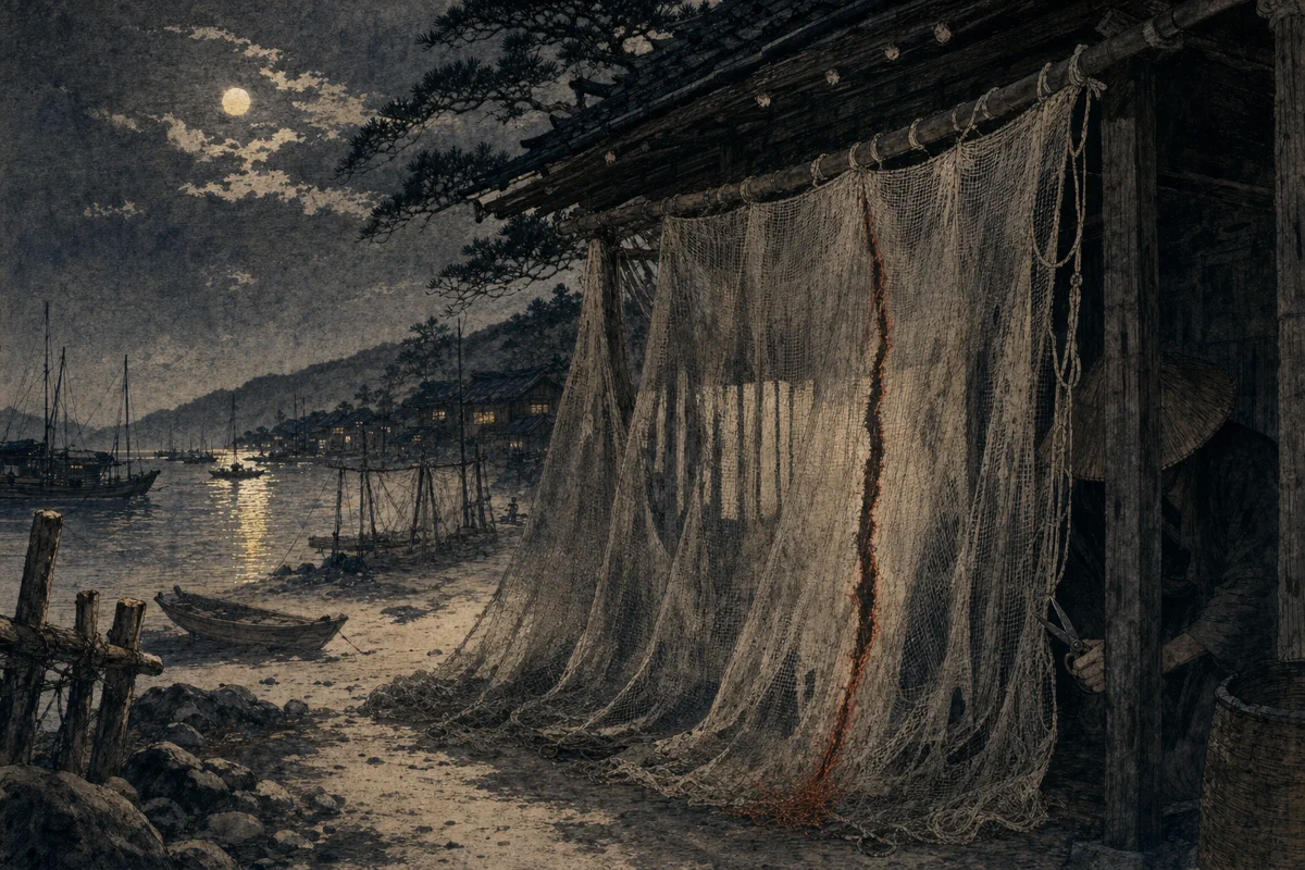 漁村の夜、干した網に一直線の切れ目が走り、軒先に鋏の手を持つ網切が隠れる場面
